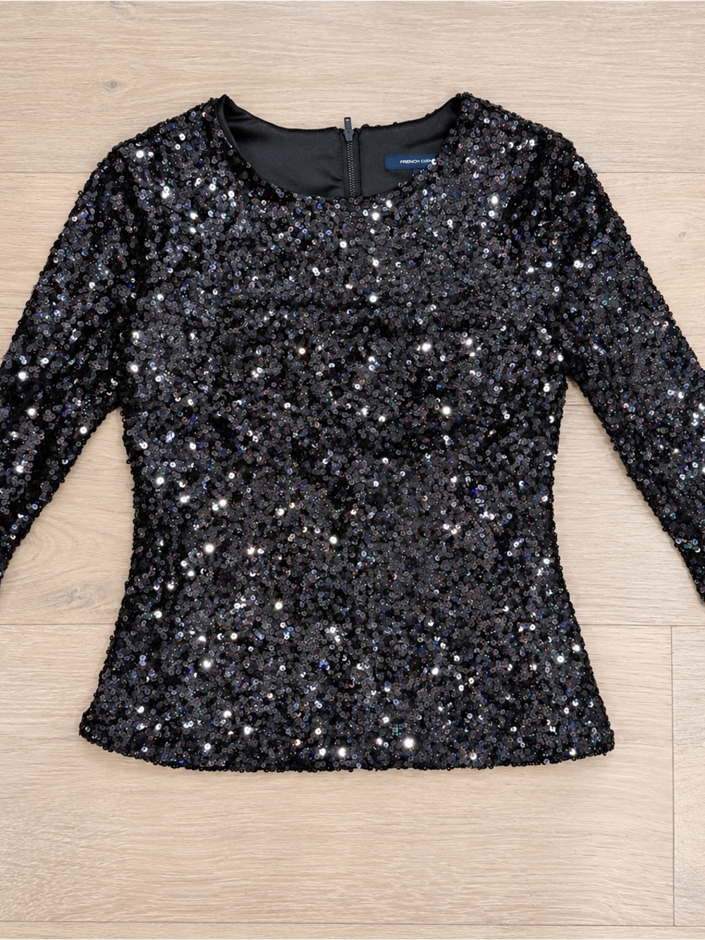 French Connection Black Sequin 3/4 Sleeve Top Blouse XS Like New